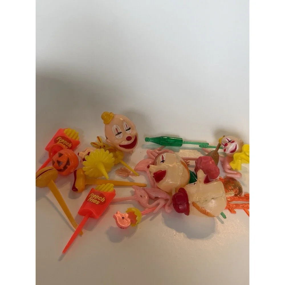 Ten Vintage Cake Toppers Holiday Clown Heads Fries Flamingo Pumpkin Chick Bunny